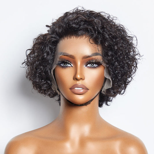 150% Density 13x4 Pre-Bleached Knots Frontal Lace Wig 8 inch Short Curly Pixie Cut
