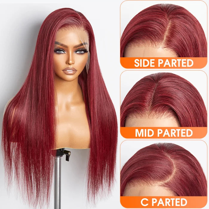 150% Density 13x4 Pre-Plucked Free Part Lace Frontal Wig Straight Burgundy