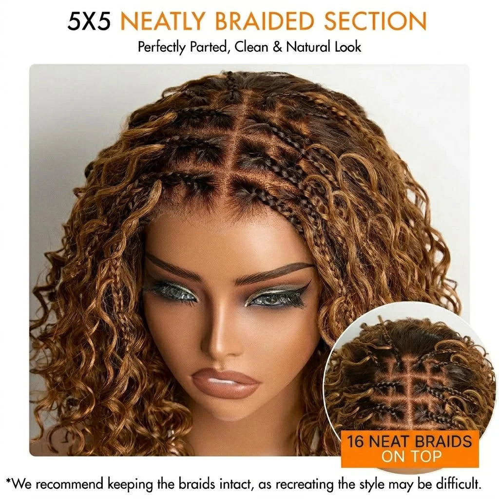 150% Density 5x5 Closure Lace with Boho Braids Pre-Cut Glueless Lace Wig Ombre Brown Highlight Curly